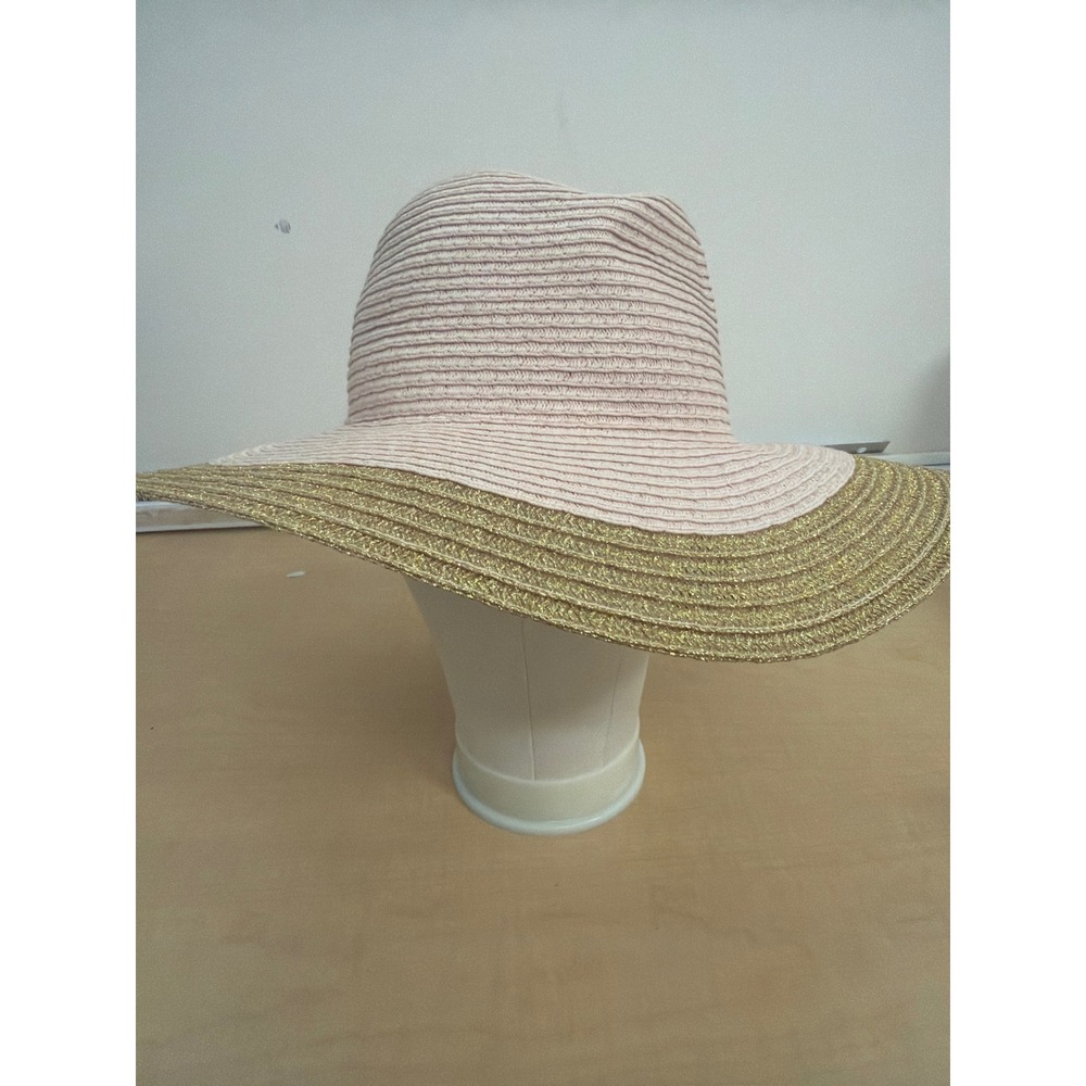 Woven Straw Sun Hat Blush Pink Gold Metallic Floppy Brim Summer Beach Fedora